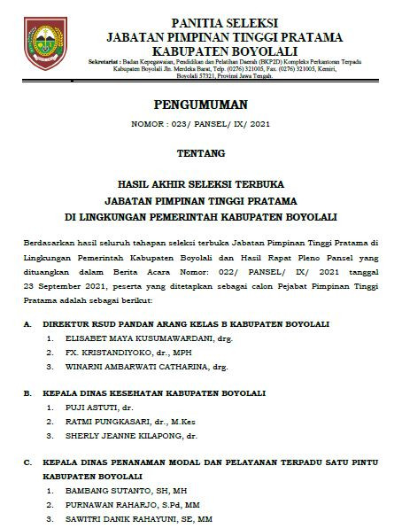 Pengumuman Hasil Akhir Seleksi Terbuka JPT Pratama Kab. Boyolali Tahun 2021